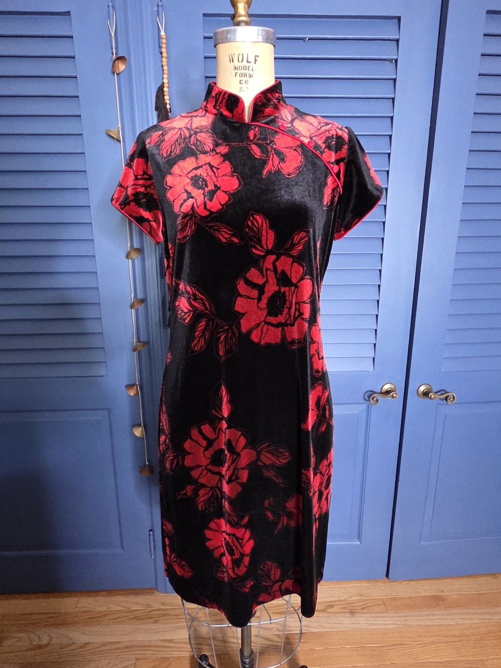 S.L. Fashions Black Velvet Cheongsam with Red Floral Print
